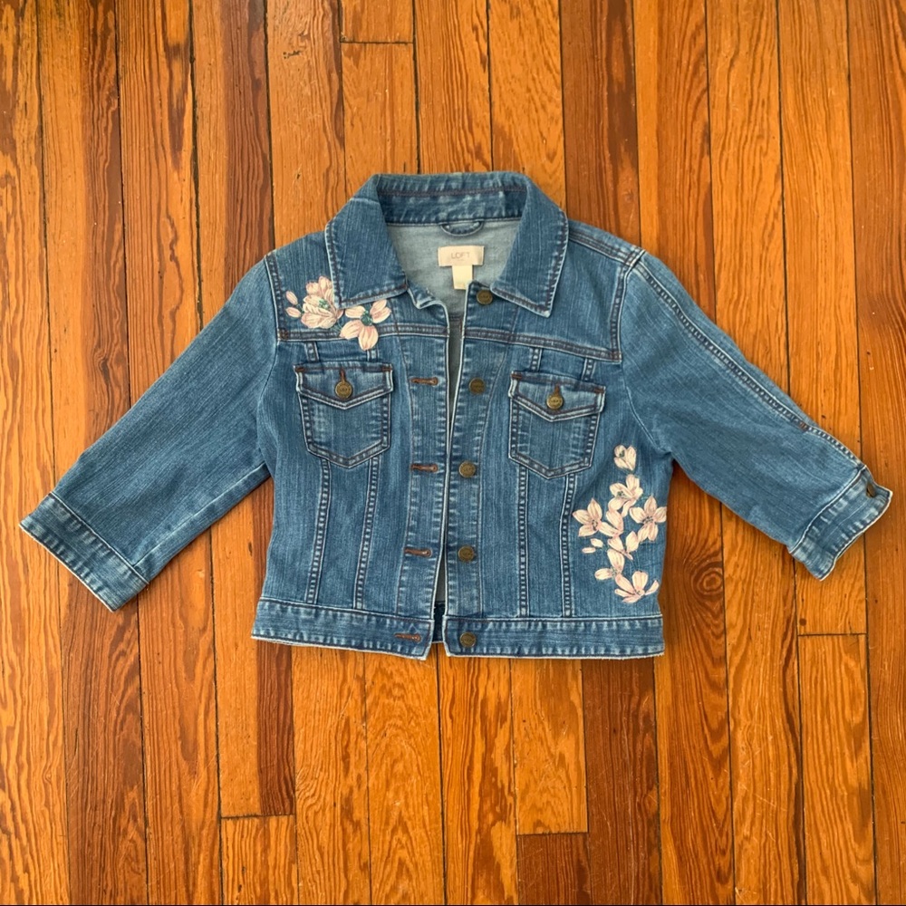 LOFT Outlet Crop Embroidered Denim Jean Jacket